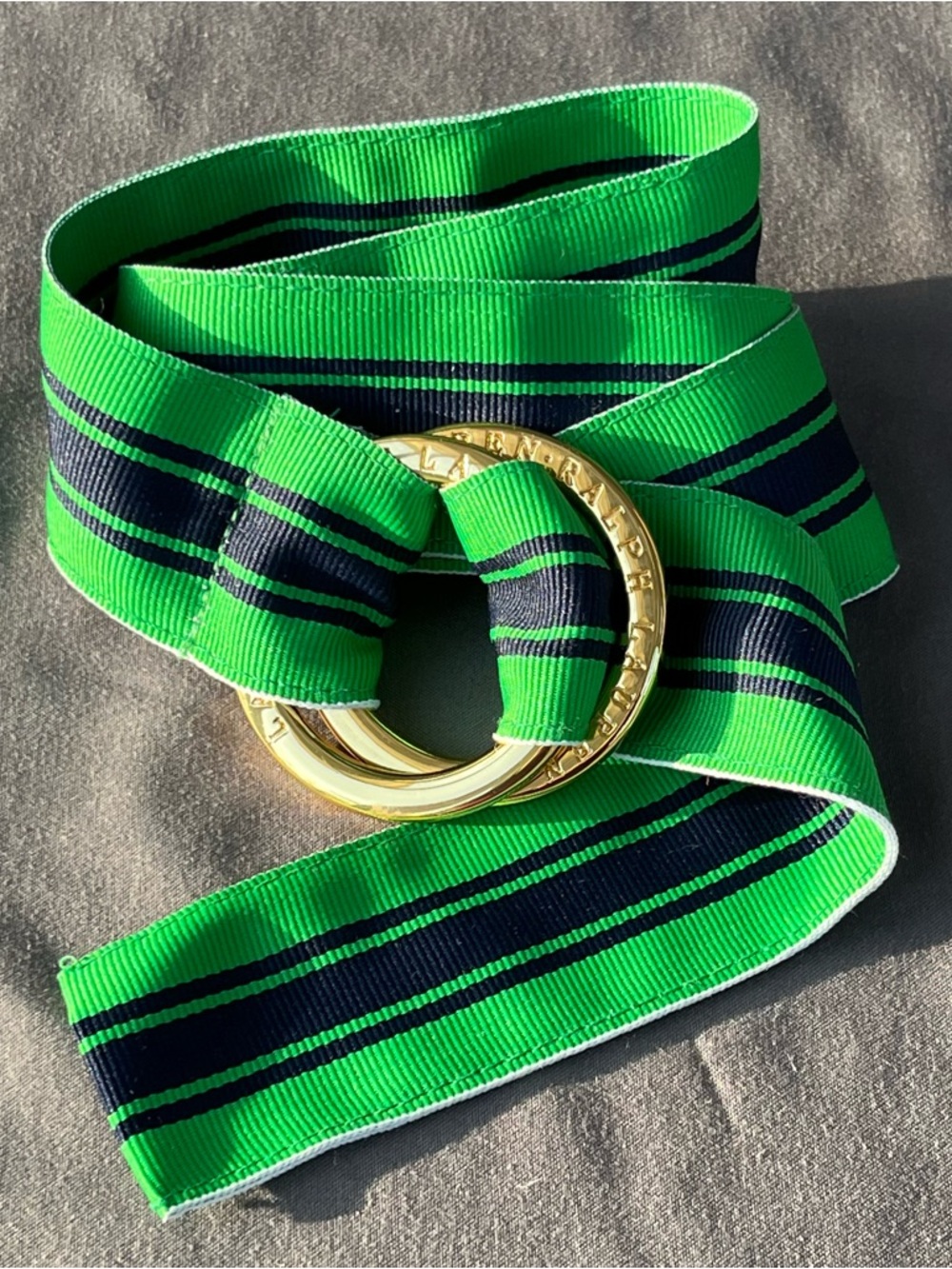 LRL Ralph Lauren GREEN NAVY Stripe Grosgrain Ribbon M Belt Logo Double Buckle